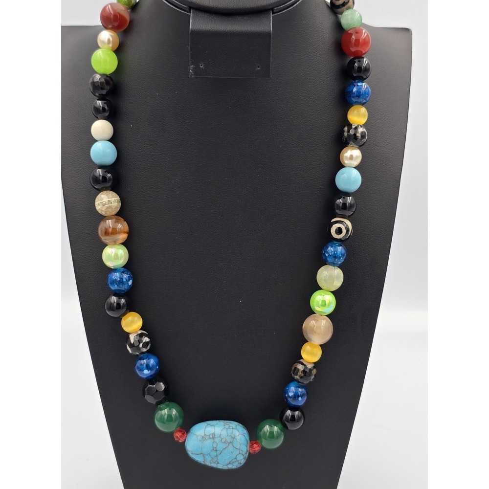 Colorful Multi Gem Stone Beaded Necklace Turquoise Style Center Bead - Picture 1 of 12